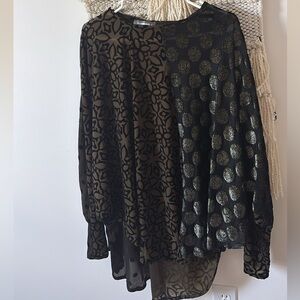 Alembika Long Sleeve Two Tone Loose Velvet Blouse Top Polka Dot Gold Lagenlook